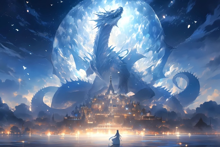 神秘龙影下的月夜城邦 | 动漫4K电脑壁纸