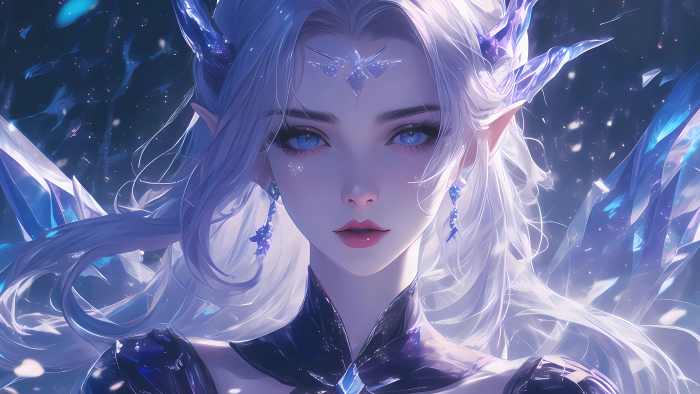 AI 绘画动漫4K电脑壁纸：冰晶银发少女的奇幻空灵之美