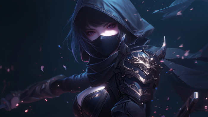 动漫4K电脑壁纸：暗夜忍者少女的神秘战斗风采