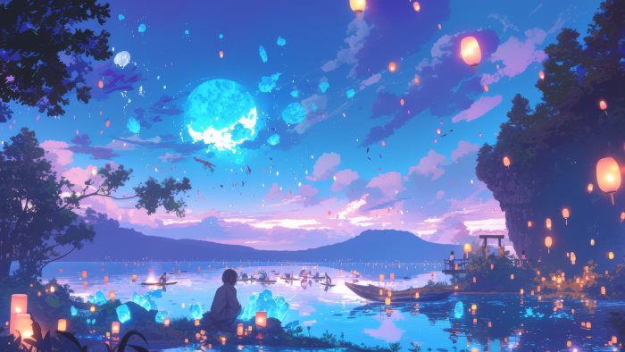 孔明灯湖景4K动漫壁纸 | 夜樱古树×观景少女