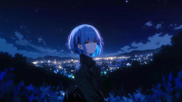 动漫4K电脑壁纸：蓝发少女静赏夜景城市的梦幻时刻