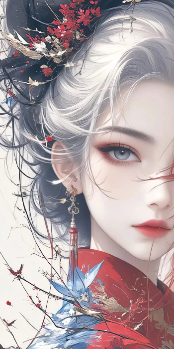 唯美国风动漫2K手机壁纸 | 银发红衣的东方魅力