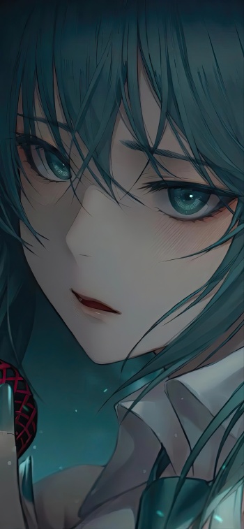 动漫2K手机壁纸：蓝绿长发少女的深邃眼眸魅力瞬间