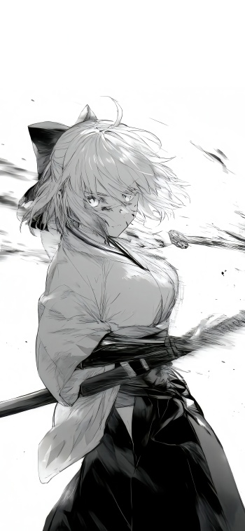 动漫2K手机壁纸：黑白武士少女的凌厉战斗姿态