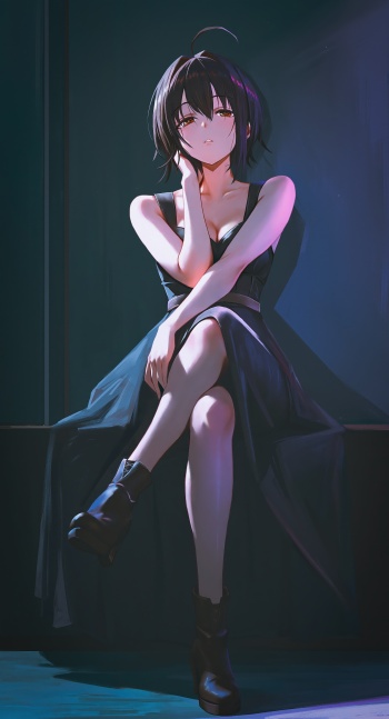 冷艳系动漫4K手机壁纸｜黑裙紫发×熔岩橘瞳×霓虹烟雾光效