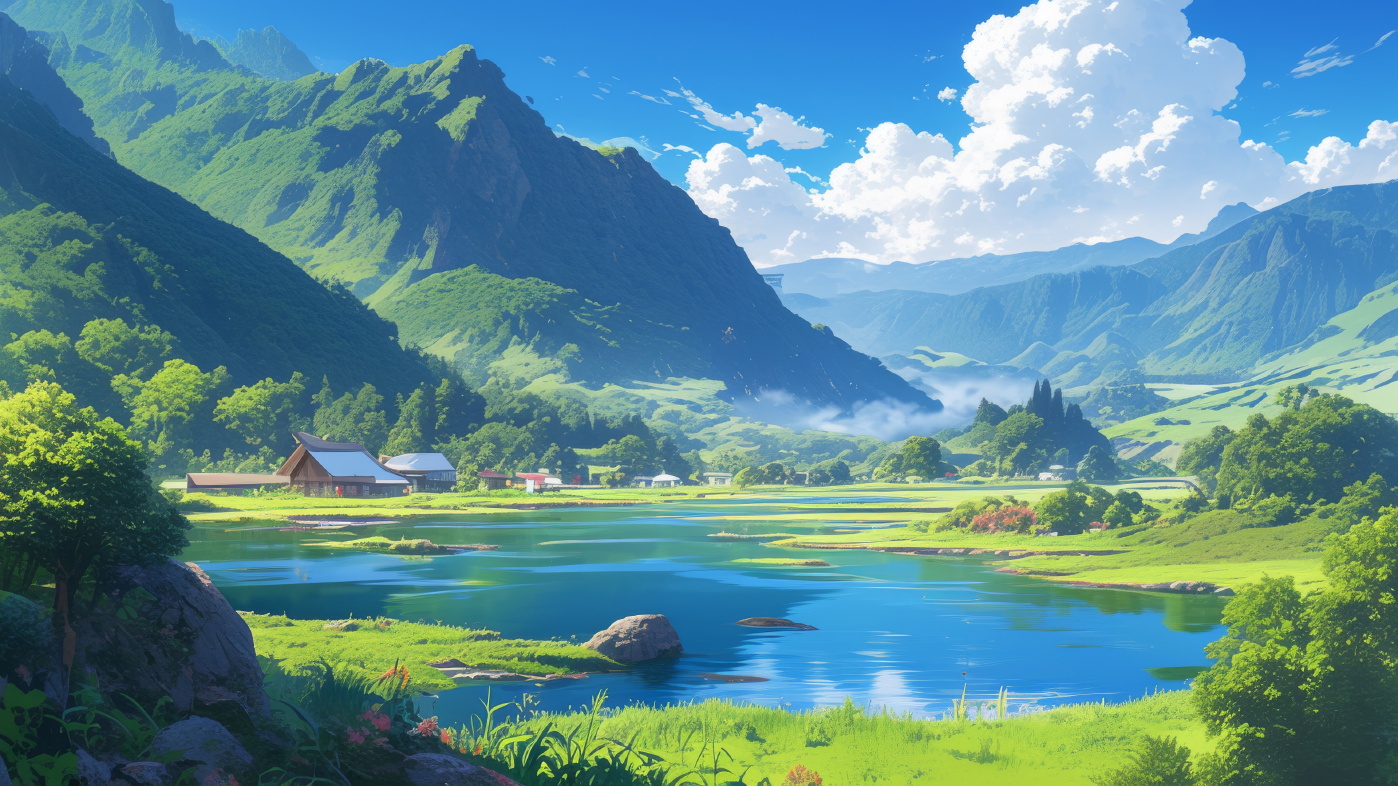 动漫4K治愈系电脑壁纸 湖泊木屋青山超清场景