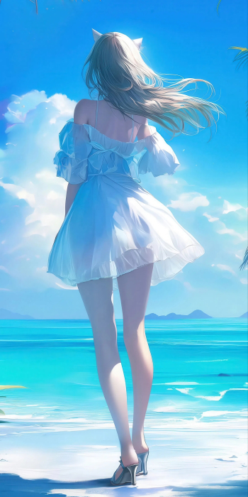 海边微风：清新蓝裙动漫2K手机壁纸