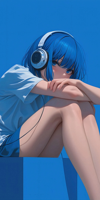 蓝发耳机少女：宁静动漫5K手机壁纸