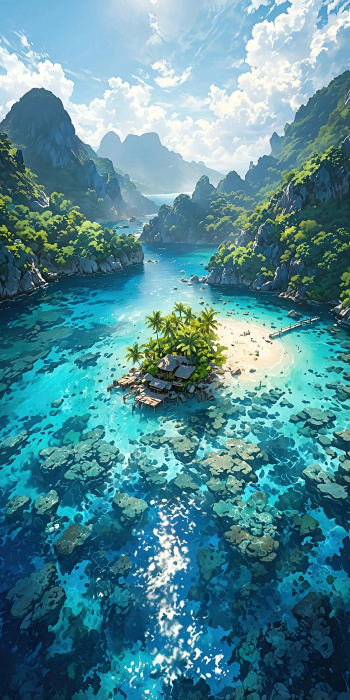 动漫4K热带桃源壁纸 棕榈海岛珊瑚海超清场景