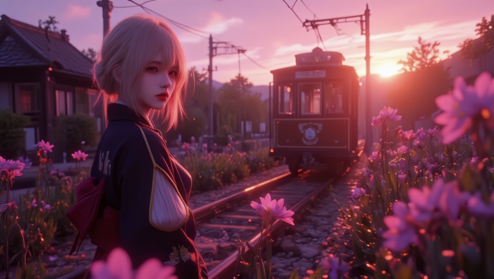 《夕阳铁轨与少女》4K动漫电脑壁纸