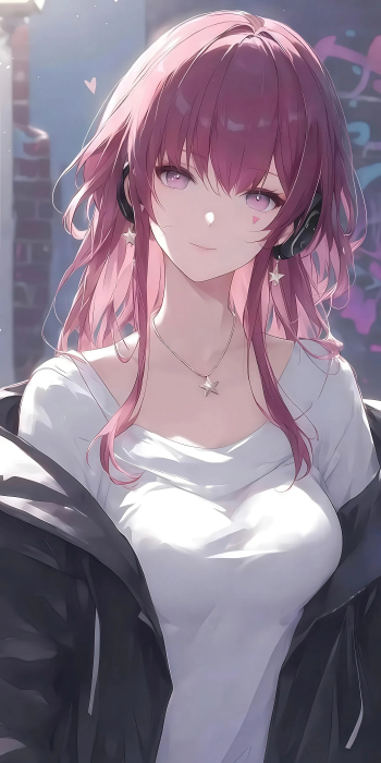 粉色耳机少女：温馨动漫2K手机壁纸