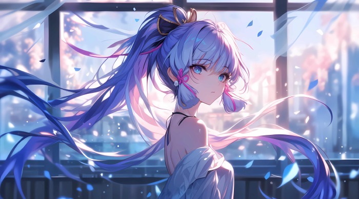 《原神》神里绫华AI绘画4K电脑壁纸 | 梦幻蓝发与宁静氛围