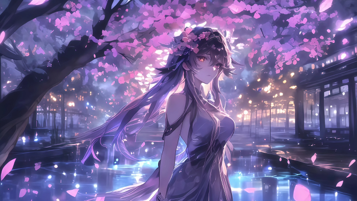 《原神》胡桃AI绘画4K壁纸 | 樱花夜景梦幻氛围