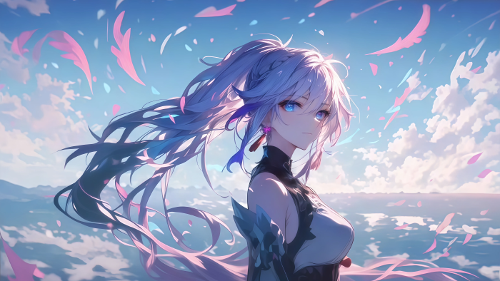 《崩坏3》符华AI绘画4K电脑壁纸 | 海边花瓣梦幻场景
