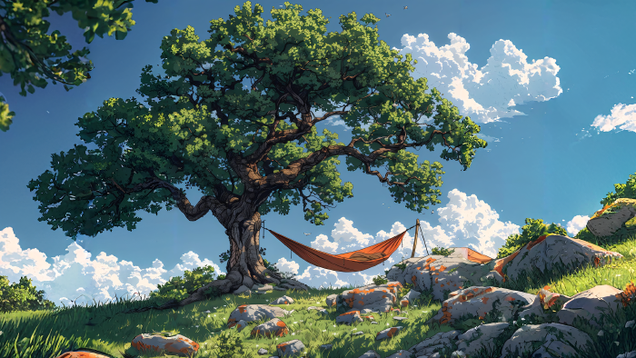 宁静自然：树下吊床动漫风景2K电脑壁纸