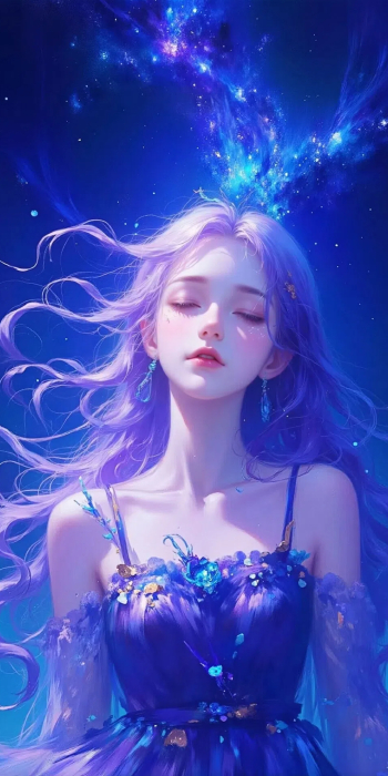 AI绘画：紫色长发星空动漫手机壁纸 | 优雅梦幻风格