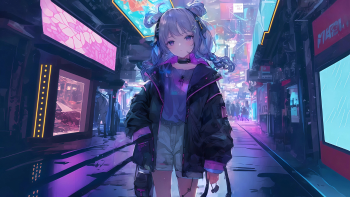 动漫女孩 | 未来都市霓虹夜景