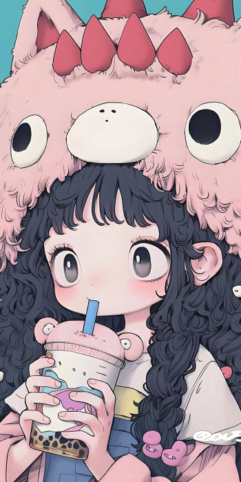 可爱小女孩与粉色怪物