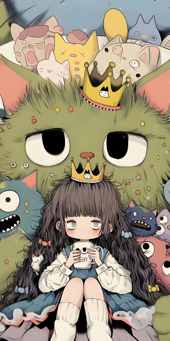 小女孩与猫咪可爱温馨场景
