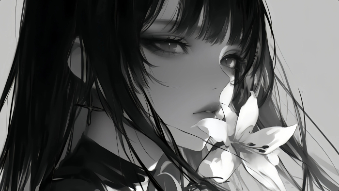 黑发少女闻花黑白灰优雅画面