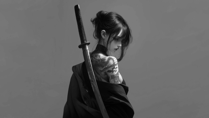 AI 绘画动漫黑白武士少女的冷峻魅力