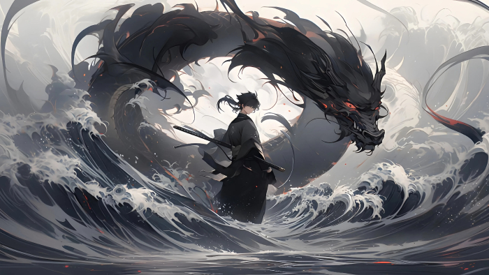 动漫少年 ：黑龙浪涌间的英勇身姿