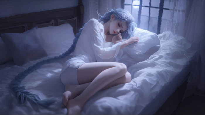 AI 绘画《英雄联盟》金克丝 :静谧安睡,冷调光影下的别样魅力