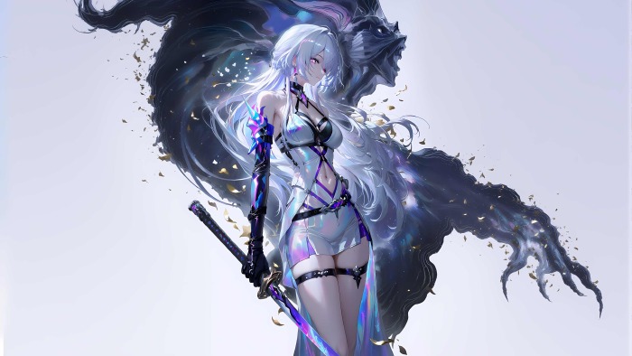 AI 绘画崩坏黄泉飒爽御姐与神秘黑影的视觉冲击