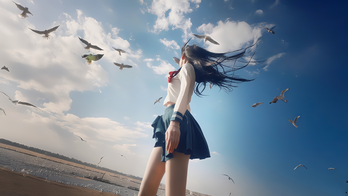 水手服少女蓝天校园清新电脑桌面