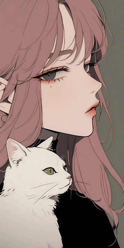 高清粉发少女与白猫温馨插画