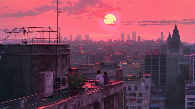 都市夕阳 · 屋顶少年少女4K高清电脑壁纸下载