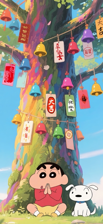 蜡笔小新4K动漫手机壁纸 | 色彩缤纷祈福树下欢乐场景