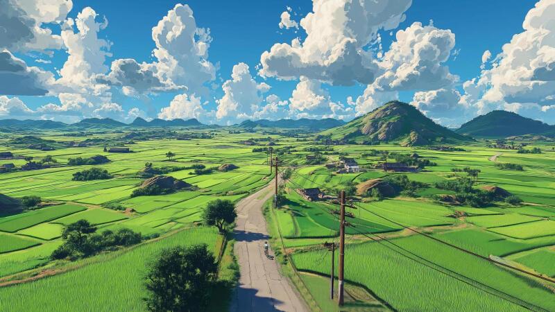 宫崎骏风格乡村田园4K电脑壁纸|治愈系自然风光插画