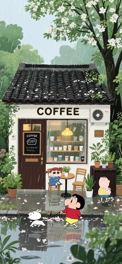 蜡笔小新雨天咖啡屋壁纸,治愈系4K高清图