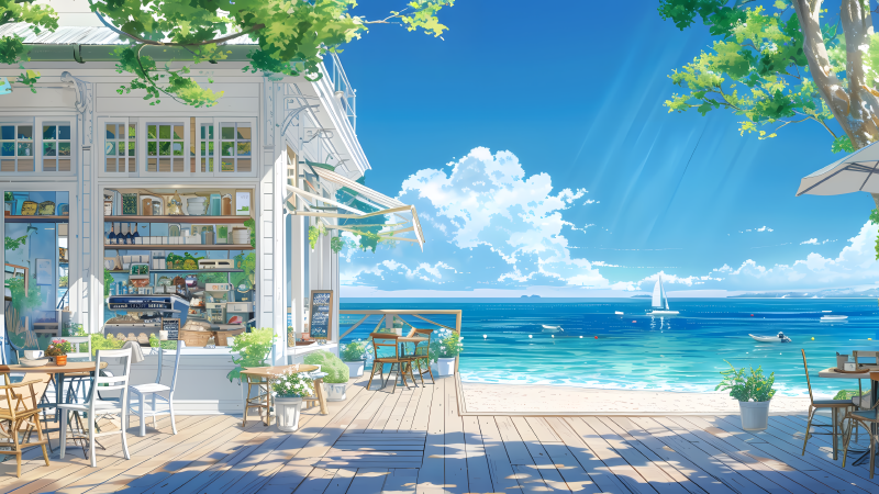 夏日海边动漫4K电脑壁纸——清新海景与咖啡屋日常