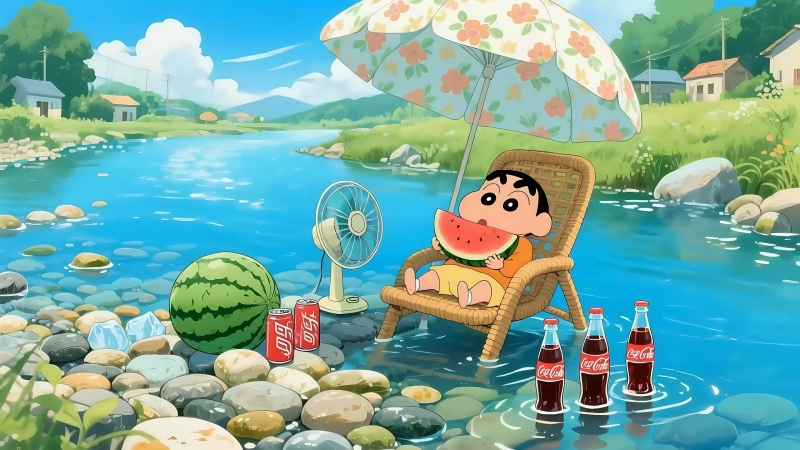 蜡笔小新夏日河边4K超级萌系动漫壁纸——清凉治愈系