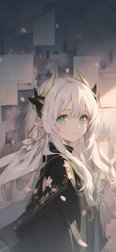 《原神》纳西妲 4K 手机壁纸 | 文献飘落背景・草元素花纹服饰・1889×4096 治愈意境