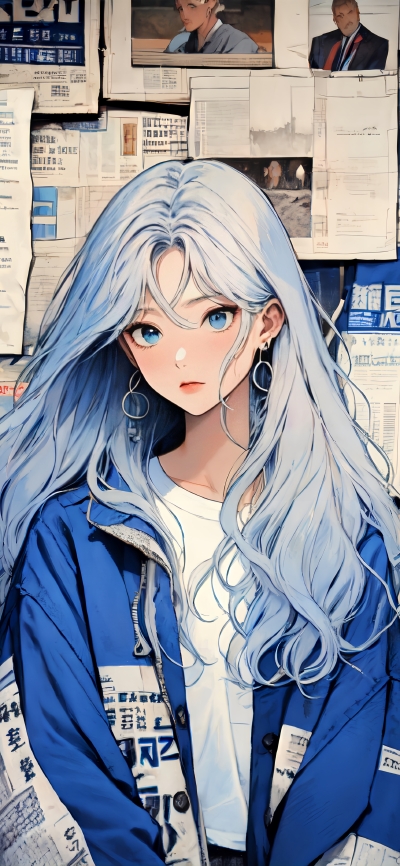 动漫少女 淡蓝长卷发 4K 手机壁纸 – 复古文艺二次元风格