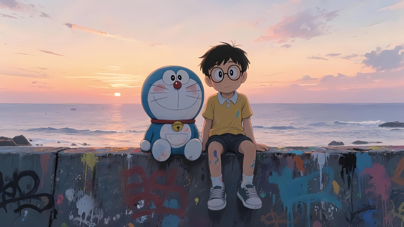 哆啦A梦大雄4K电脑壁纸——黄昏温暖陪伴