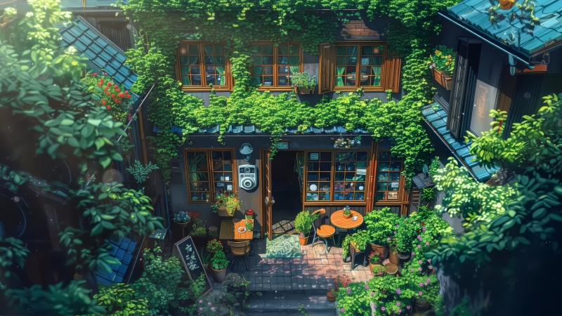 传统建筑咖啡小店4K壁纸 | 温馨绿意与古朴建筑的完美融合
