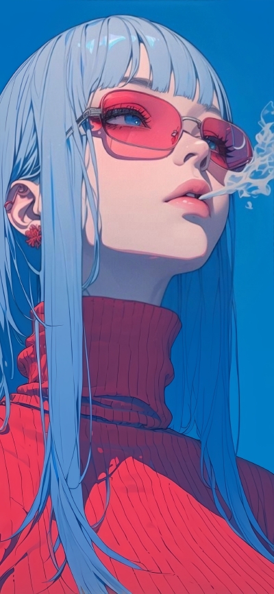 动漫少女4K手机壁纸 – 时尚蓝发与红色针织衫的精致画面
