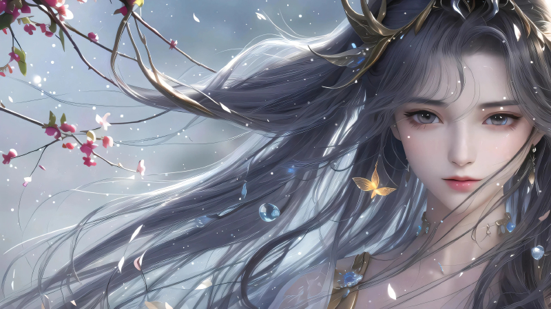 古风少女4K动漫壁纸——花雨飘渺的诗意意境