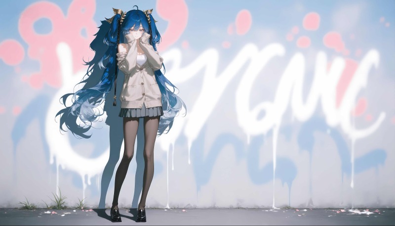 鸣潮尤诺：蓝色双马尾少女与街头涂鸦4K超清电脑壁纸