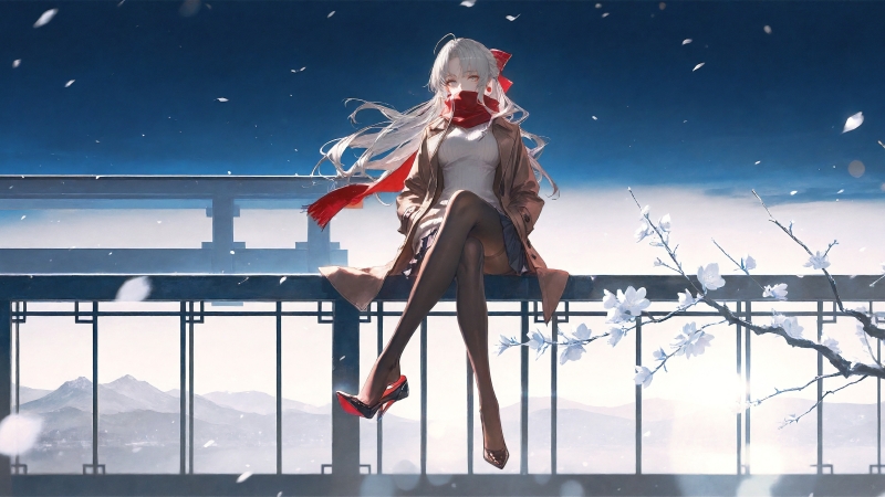 鸣潮珂莱塔：雪夜长椅上的红围巾少女4K超清电脑壁纸