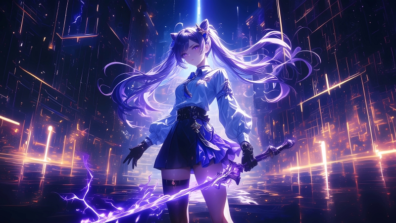 原神刻晴：赛博朋克之夜的雷霆剑舞4K超清电脑壁纸