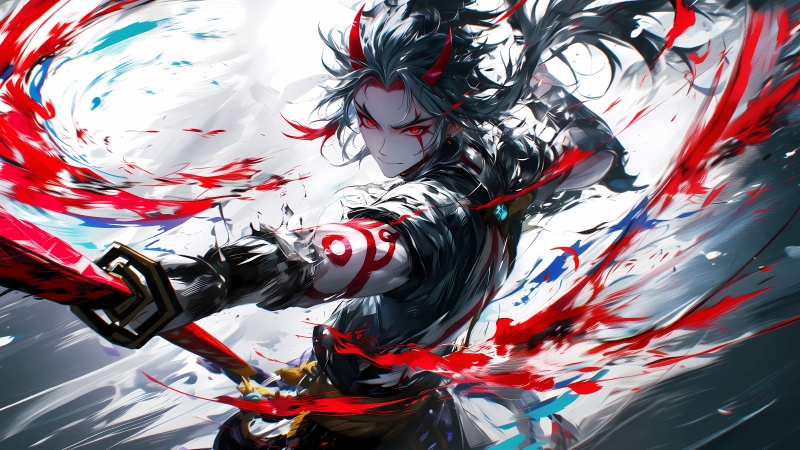 原神魈：狂乱恶鬼相的水墨泼墨4K超清战斗电脑壁纸