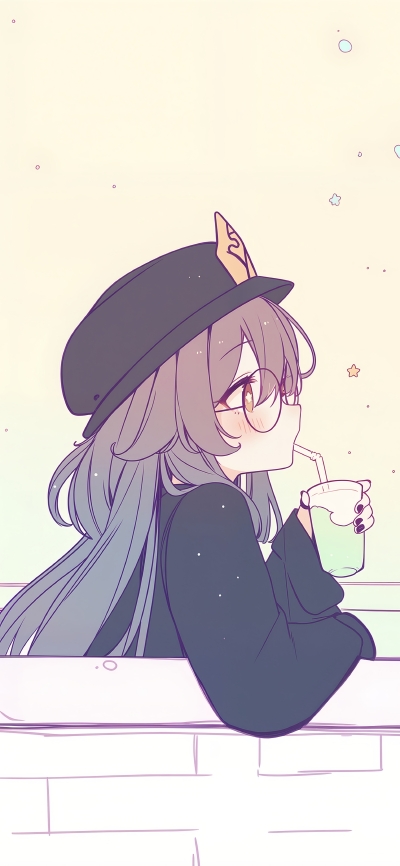 原神胡桃：戴眼镜喝果汁的简约治愈系4K超清手机壁纸